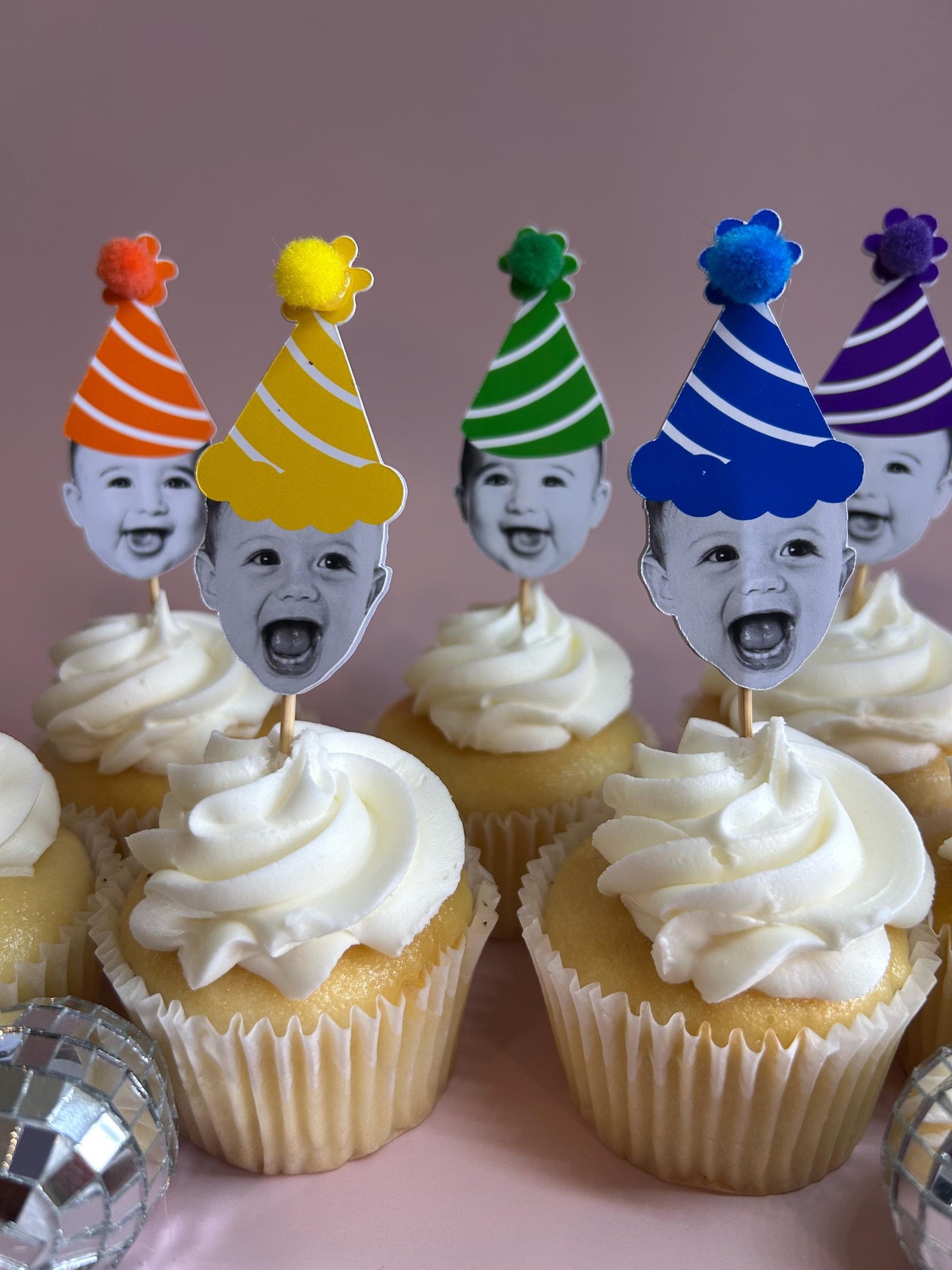 Custom Bright Rainbow Photo Cupcake Toppers