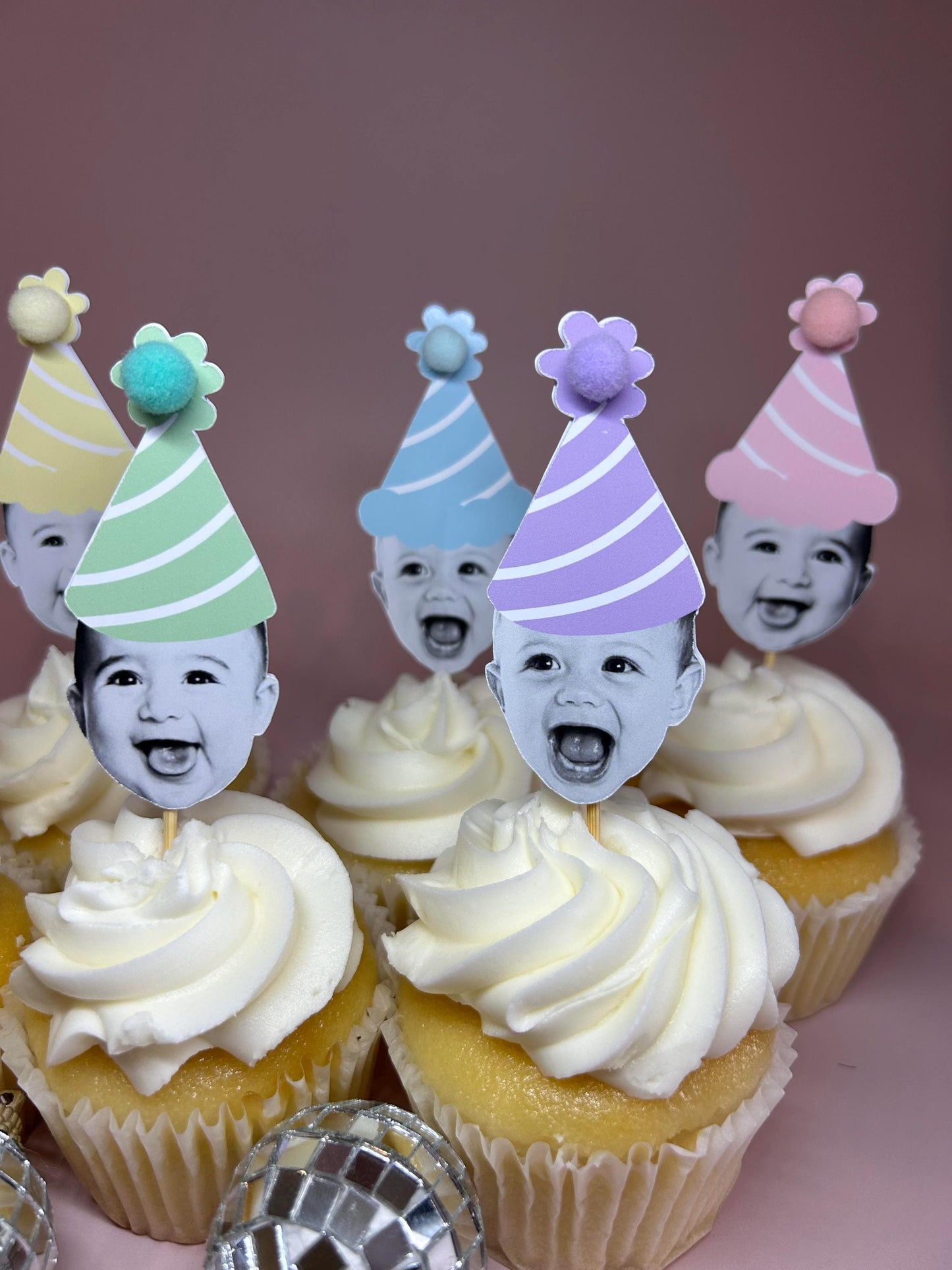 Custom Pastel Rainbow Photo Cupcake Toppers