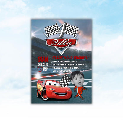 Personalised Cars-themed birthday invitation with child's photo and party details