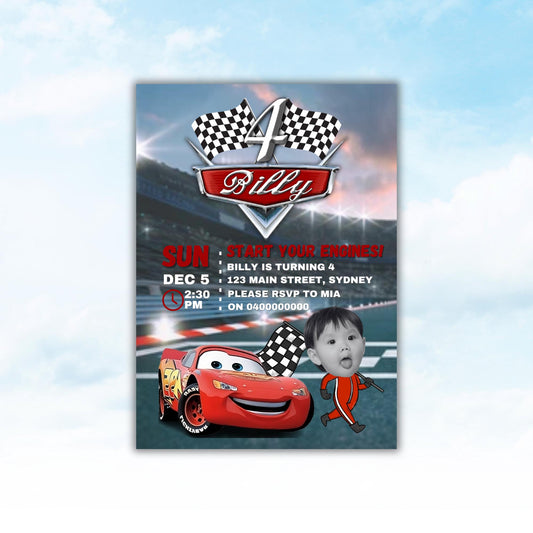Personalised Cars-themed birthday invitation with child's photo and party details