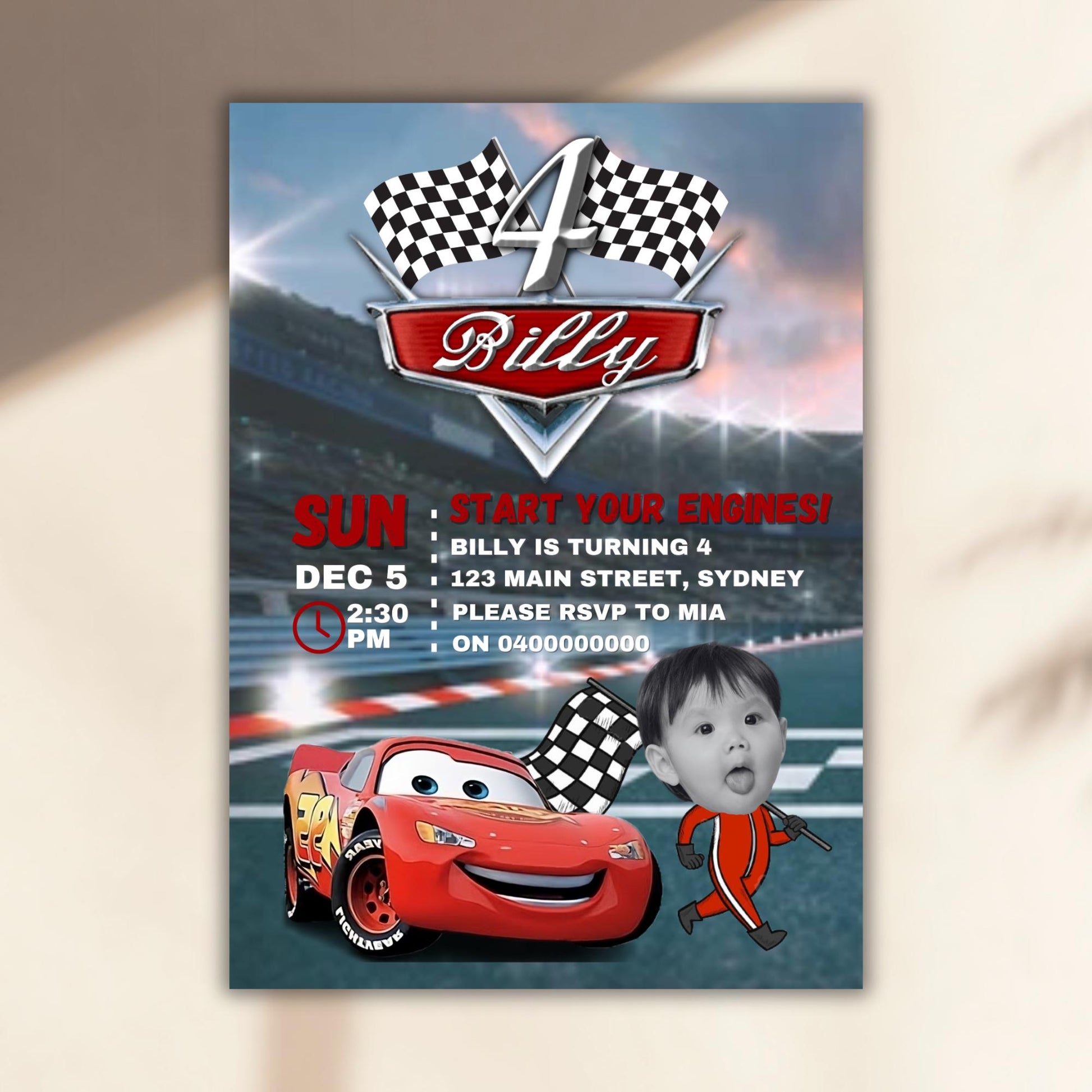 Personalised Cars-themed birthday invitation with child's photo and party details