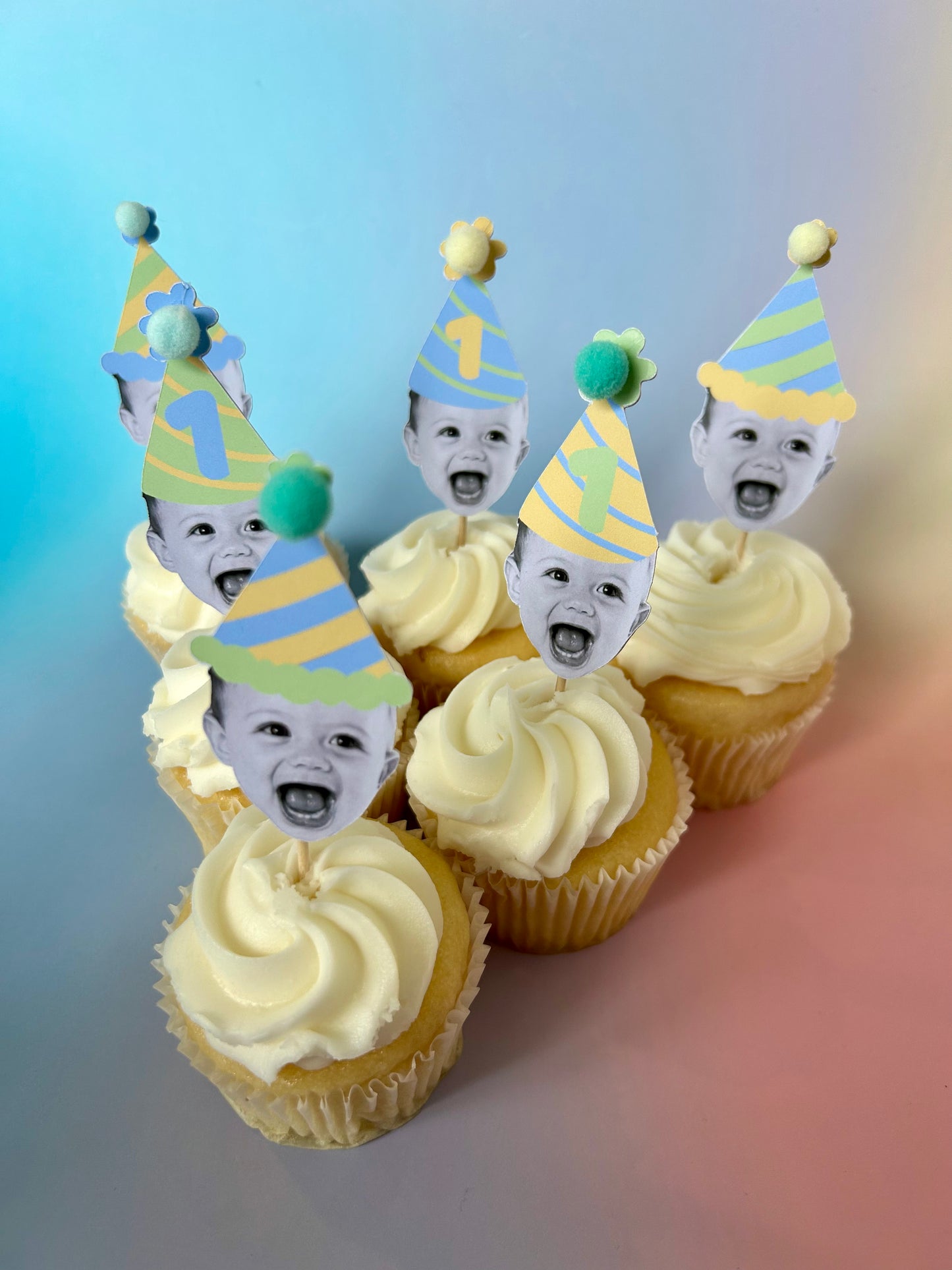Custom Blue Green Pastel Photo Cupcake Toppers