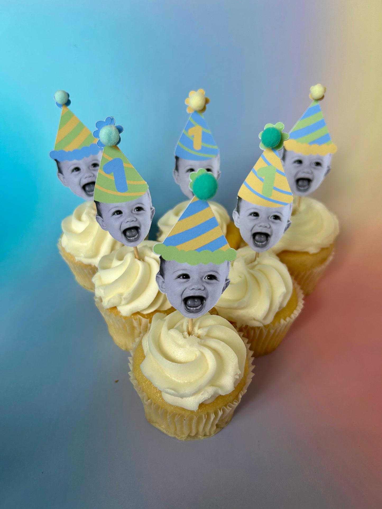 Custom Blue Green Pastel Photo Cupcake Toppers