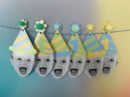 Custom Blue Green Pastel Photo Party Hat Banner