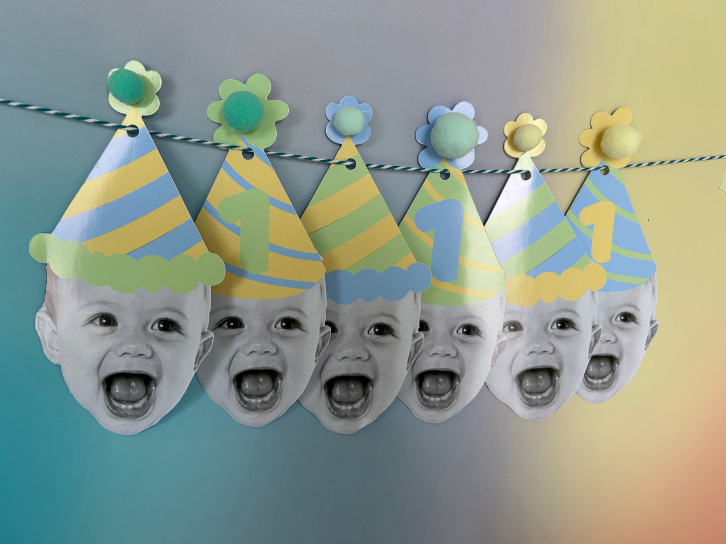 Custom Blue Green Pastel Photo Party Hat Banner