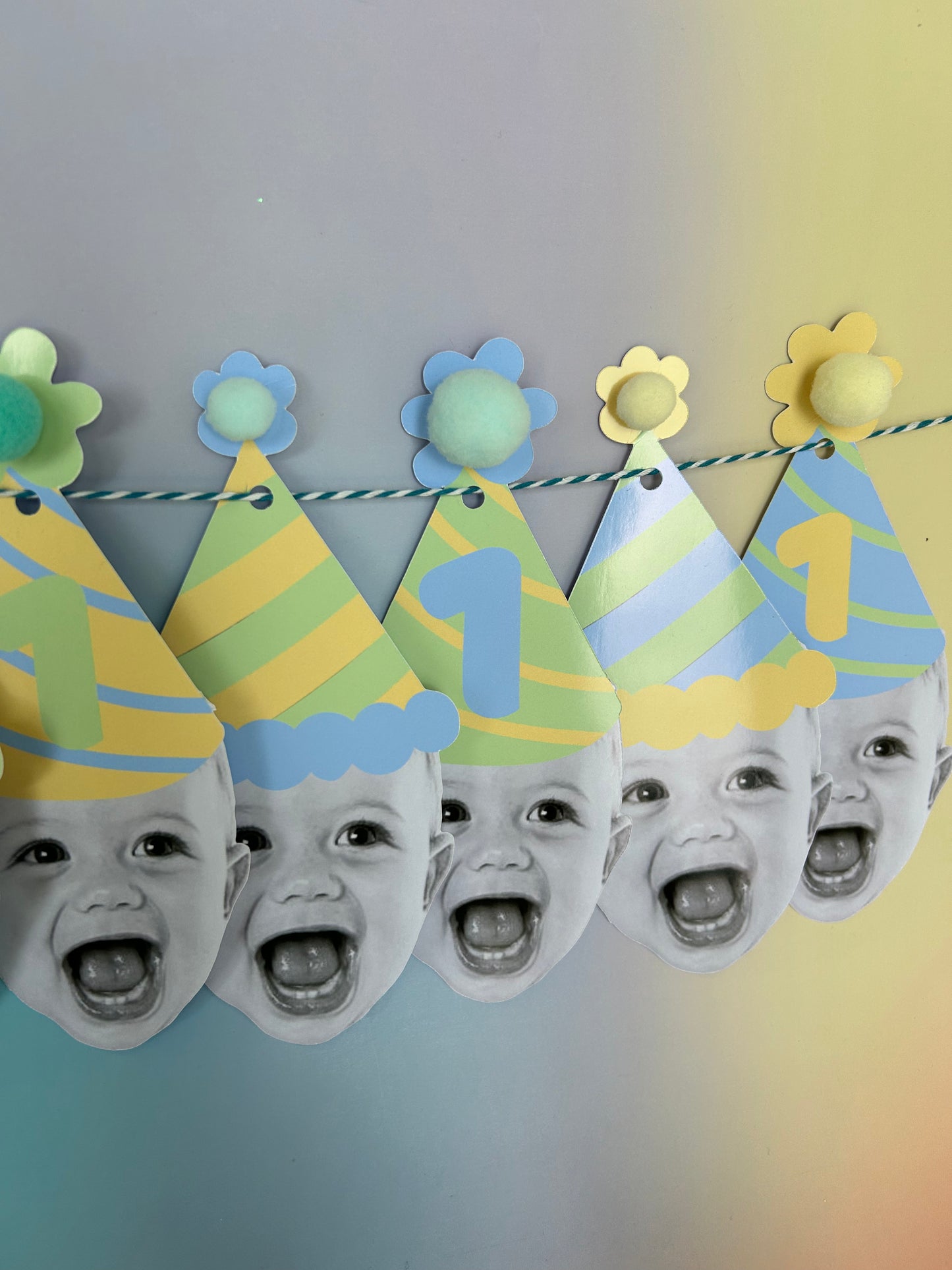 Custom Blue Green Pastel Photo Party Hat Banner