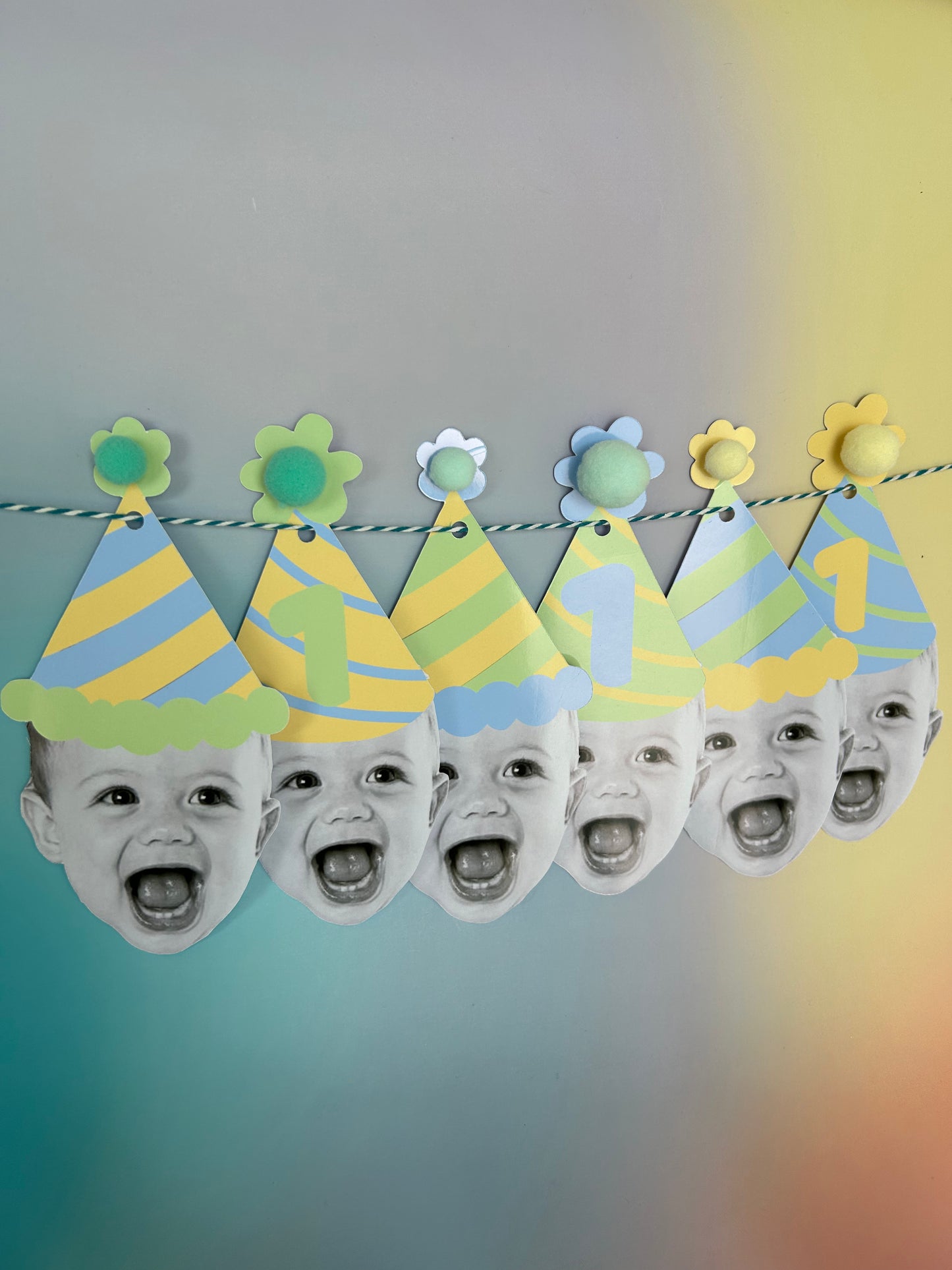 Custom Blue Green Pastel Photo Party Hat Banner