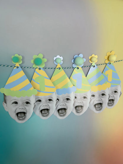 Custom Blue Green Pastel Photo Party Hat Banner