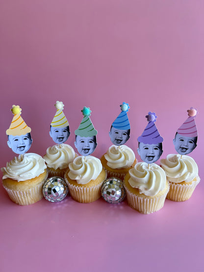 custom photo cupcake toppers in a mix of solid pastel rainbow mix party hats