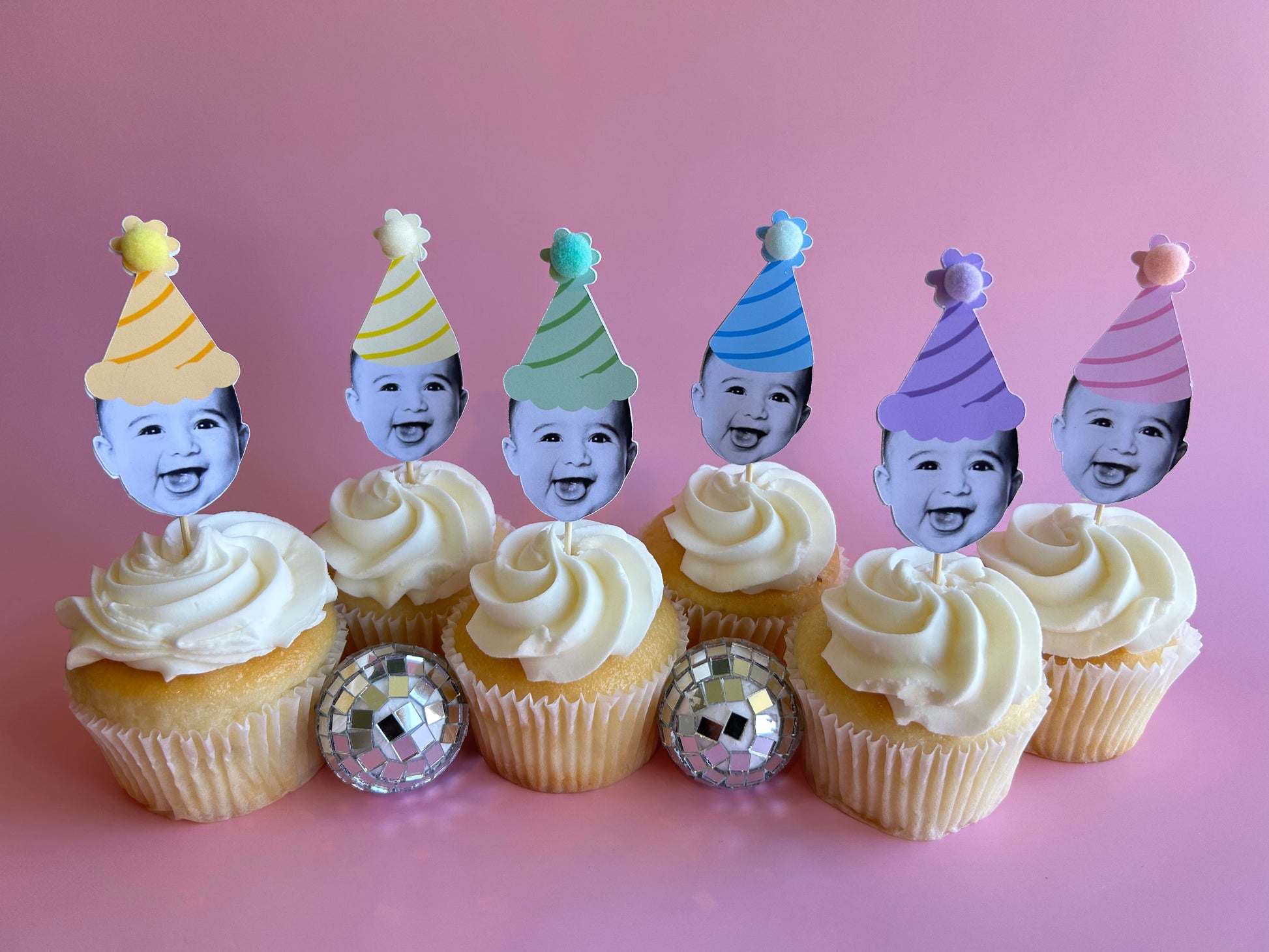 custom photo cupcake toppers in a mix of solid pastel rainbow mix party hats
