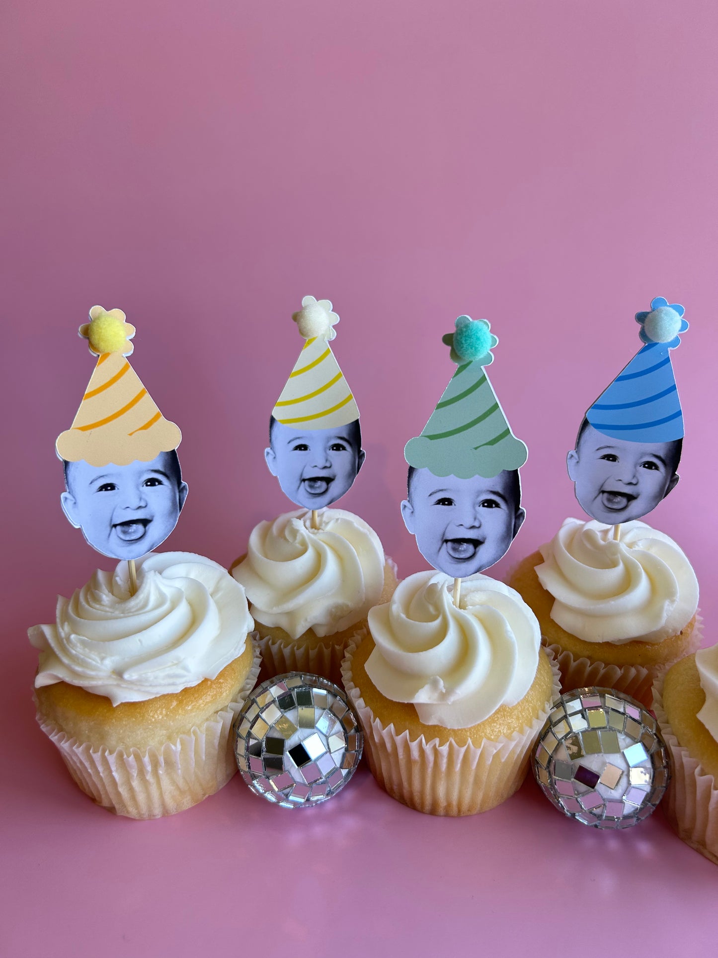 custom photo cupcake toppers in a mix of solid pastel rainbow mix party hats