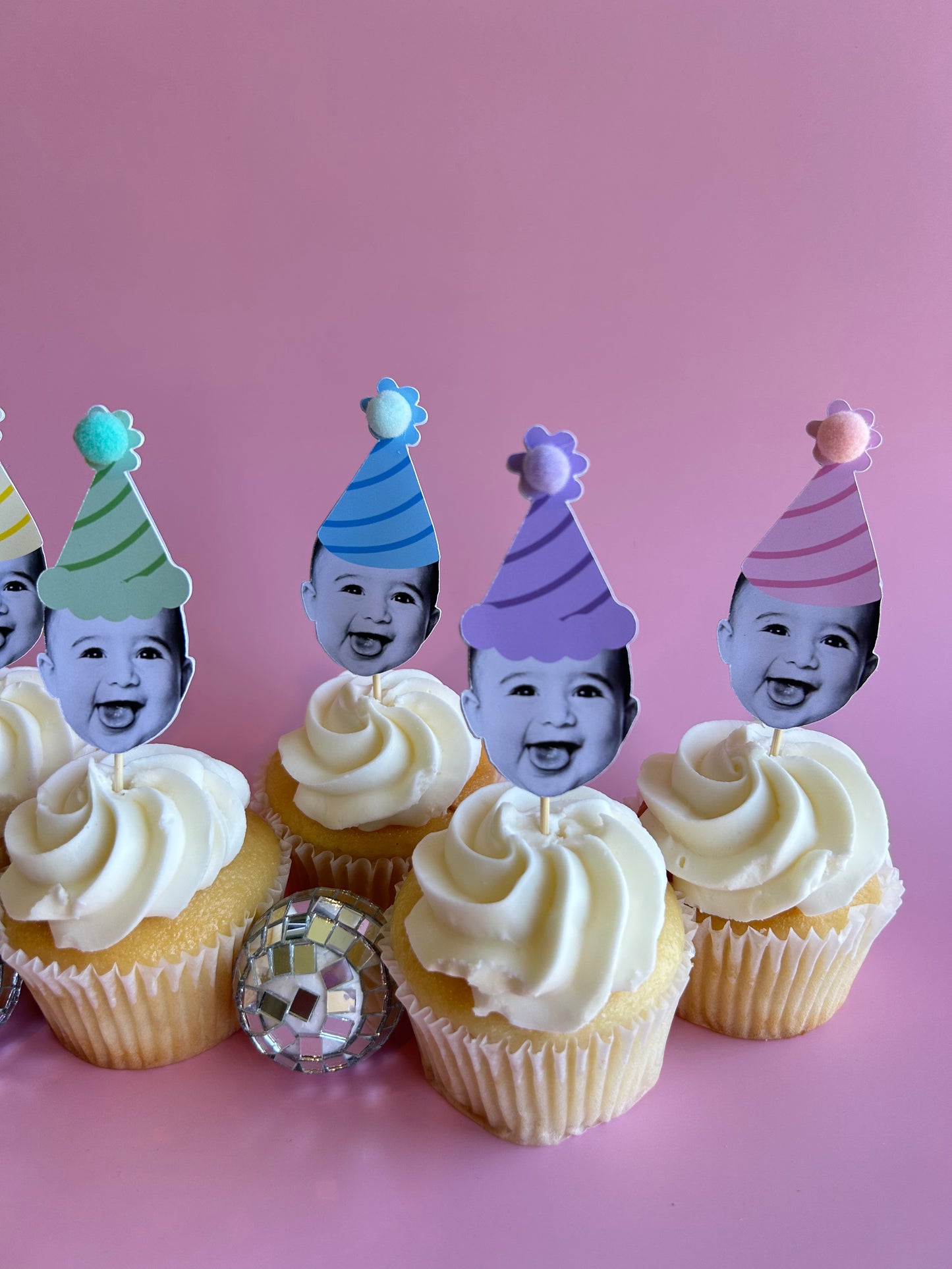 custom photo cupcake toppers in a mix of solid pastel rainbow mix party hats