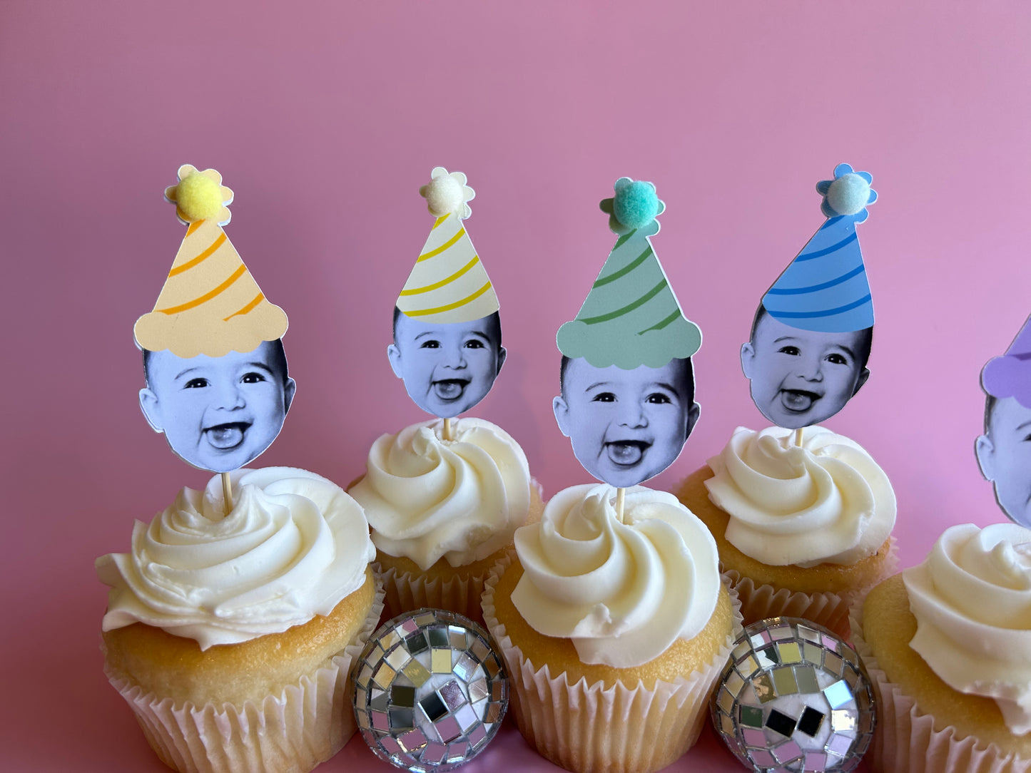 custom photo cupcake toppers in a mix of solid pastel rainbow mix party hats