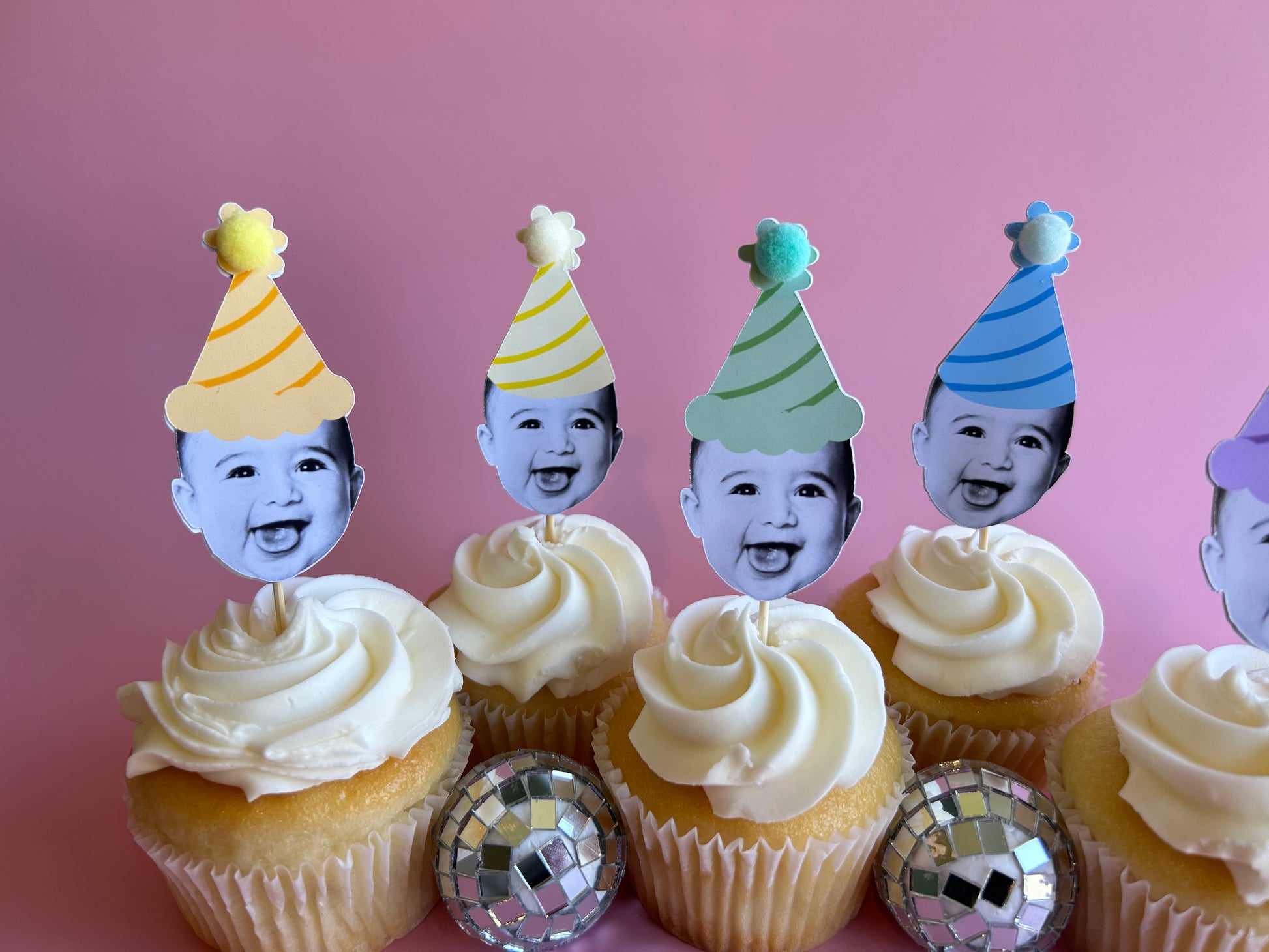 custom photo cupcake toppers in a mix of solid pastel rainbow mix party hats