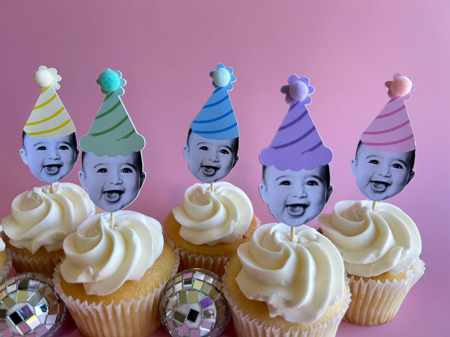 custom photo cupcake toppers in a mix of solid pastel rainbow mix party hats