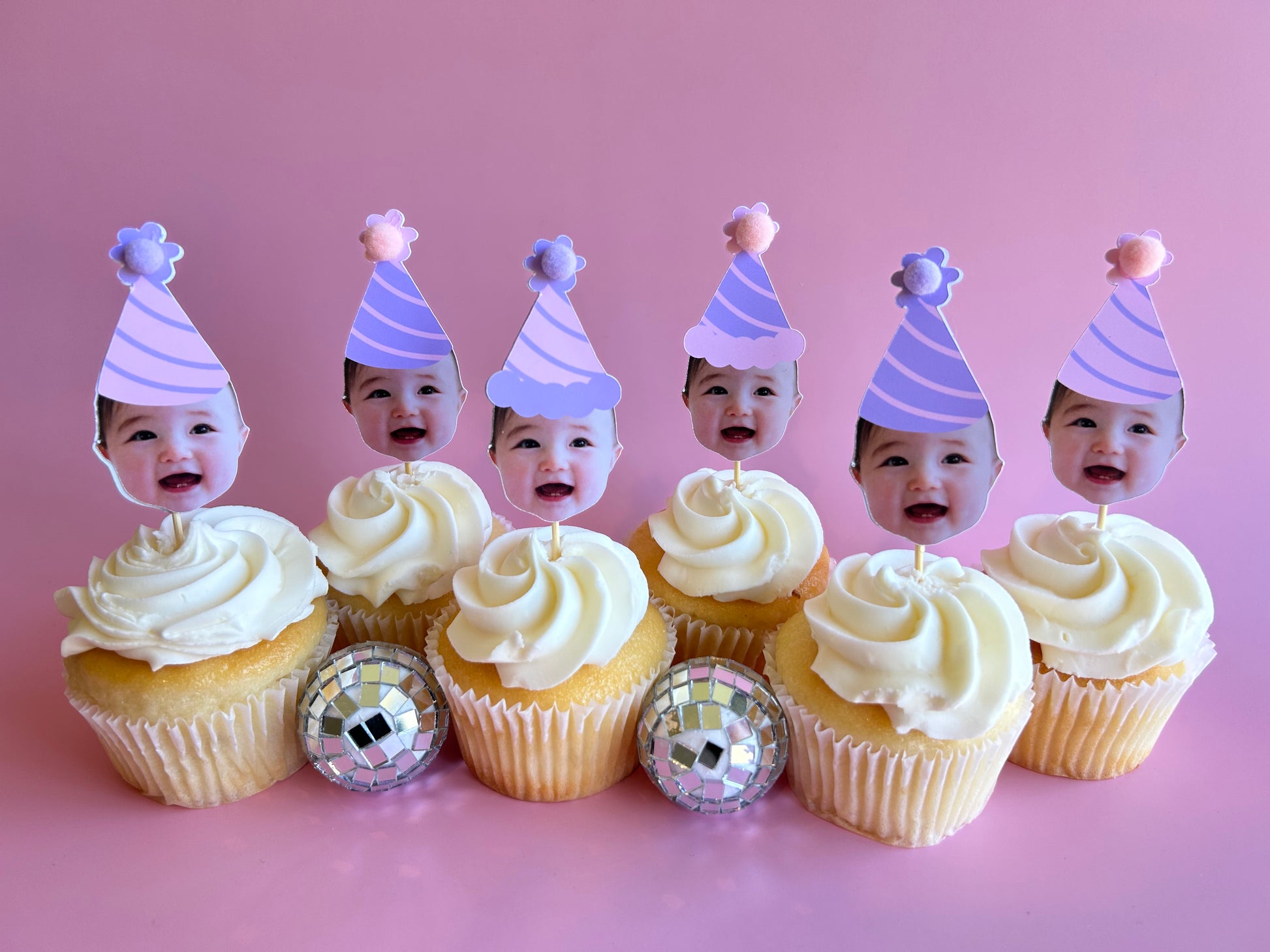 pink and purple party hat cupcake toppers with custom faces from your photos