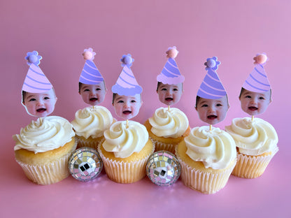 pink and purple party hat cupcake toppers with custom faces from your photos