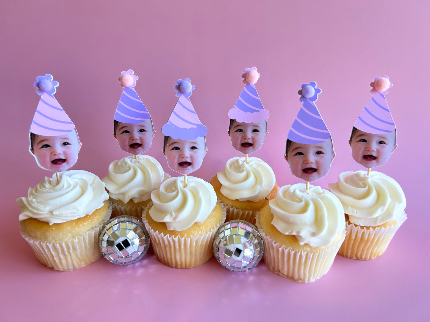 pink and purple party hat cupcake toppers with custom faces from your photos