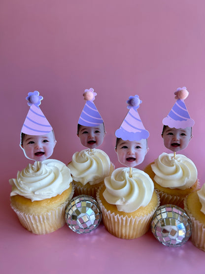 pink and purple party hat cupcake toppers with custom faces from your photos