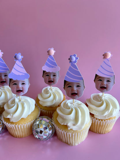 pink and purple party hat cupcake toppers with custom faces from your photos