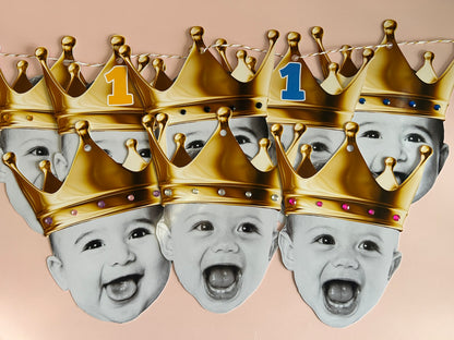 Children's faces with gold crowns and numbers on a beige background