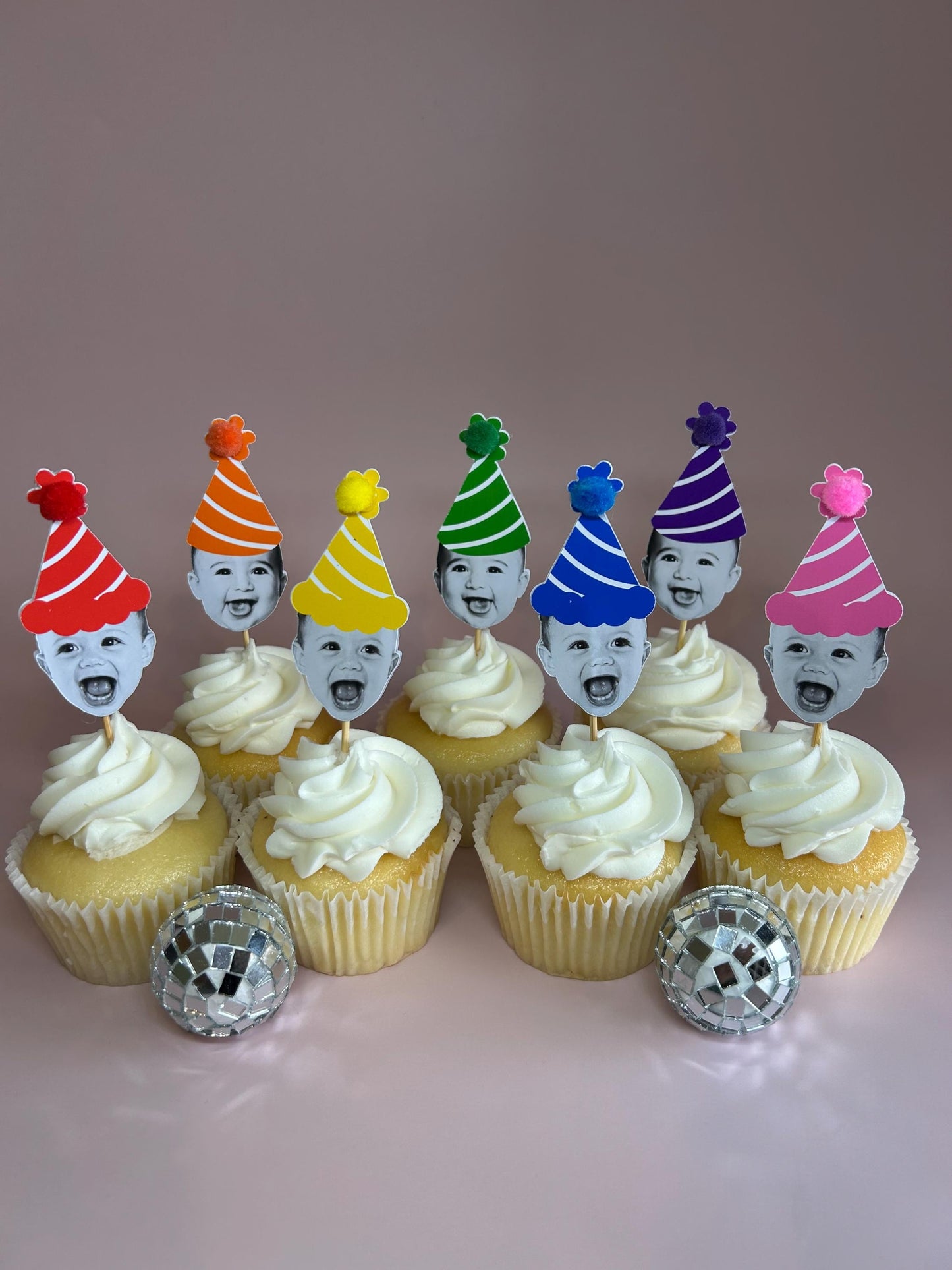 Custom Bright Rainbow Photo Cupcake Toppers