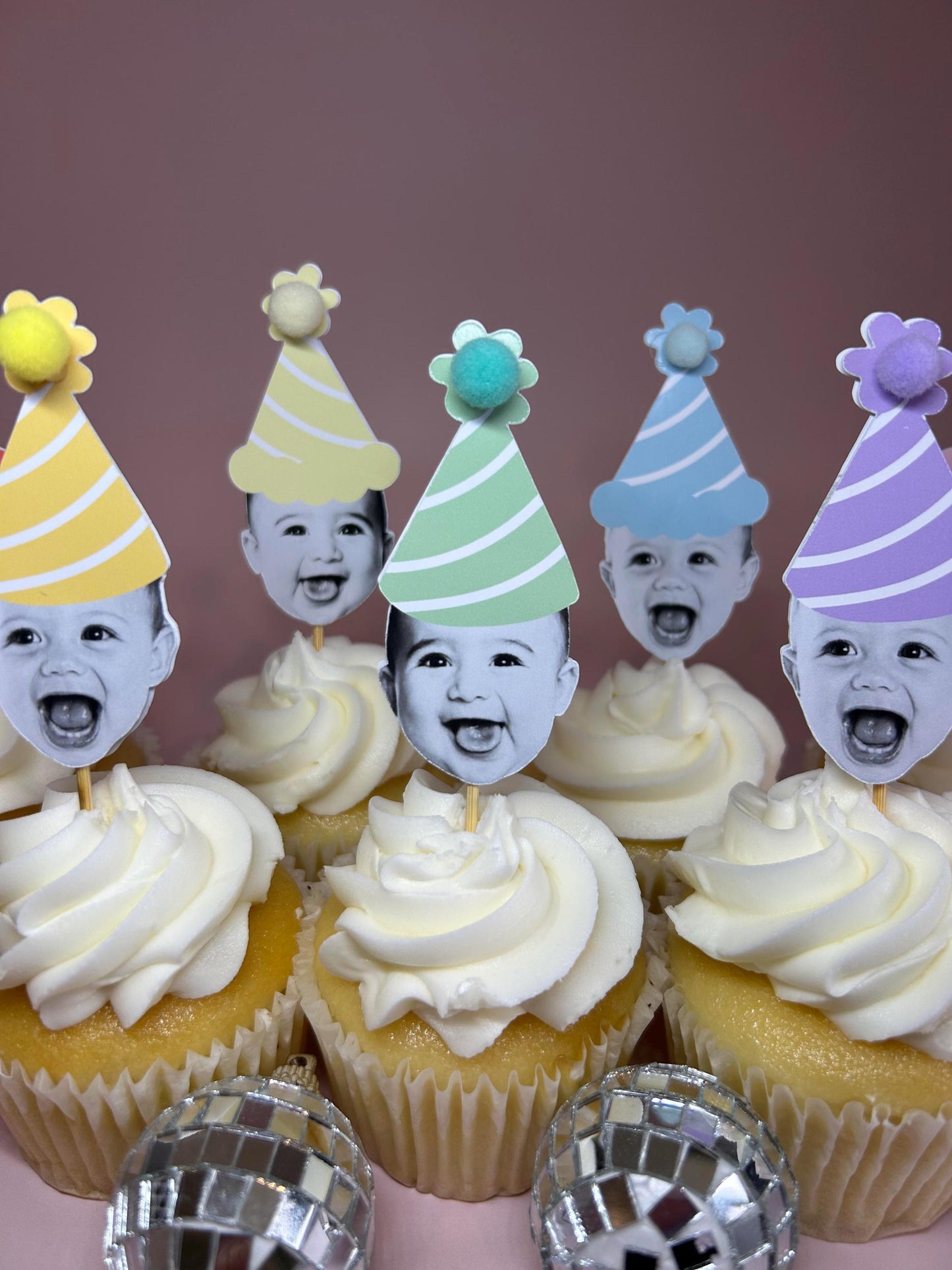 Custom Pastel Rainbow Photo Cupcake Toppers