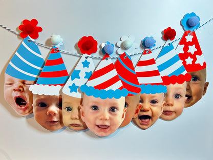 Custom Red & Blue Photo Party Hat Banner
