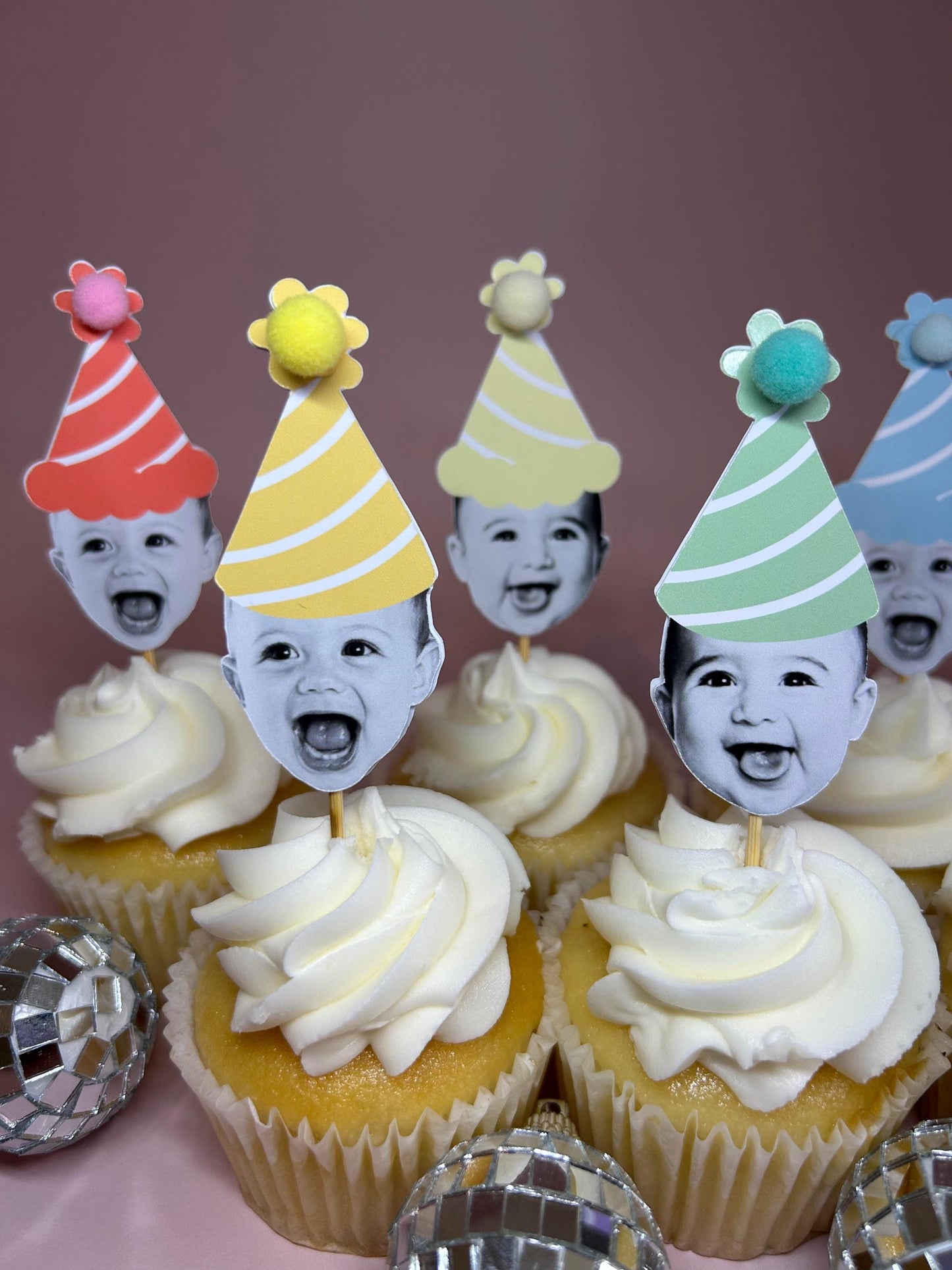 Custom Pastel Rainbow Photo Cupcake Toppers