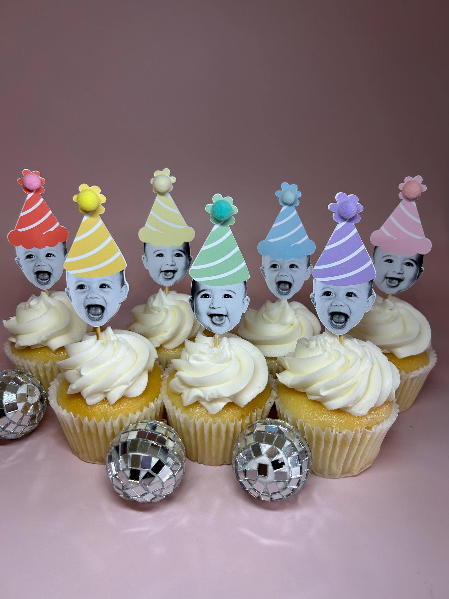 Custom Pastel Rainbow Photo Cupcake Toppers
