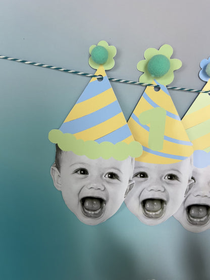 Custom Blue Green Pastel Photo Party Hat Banner